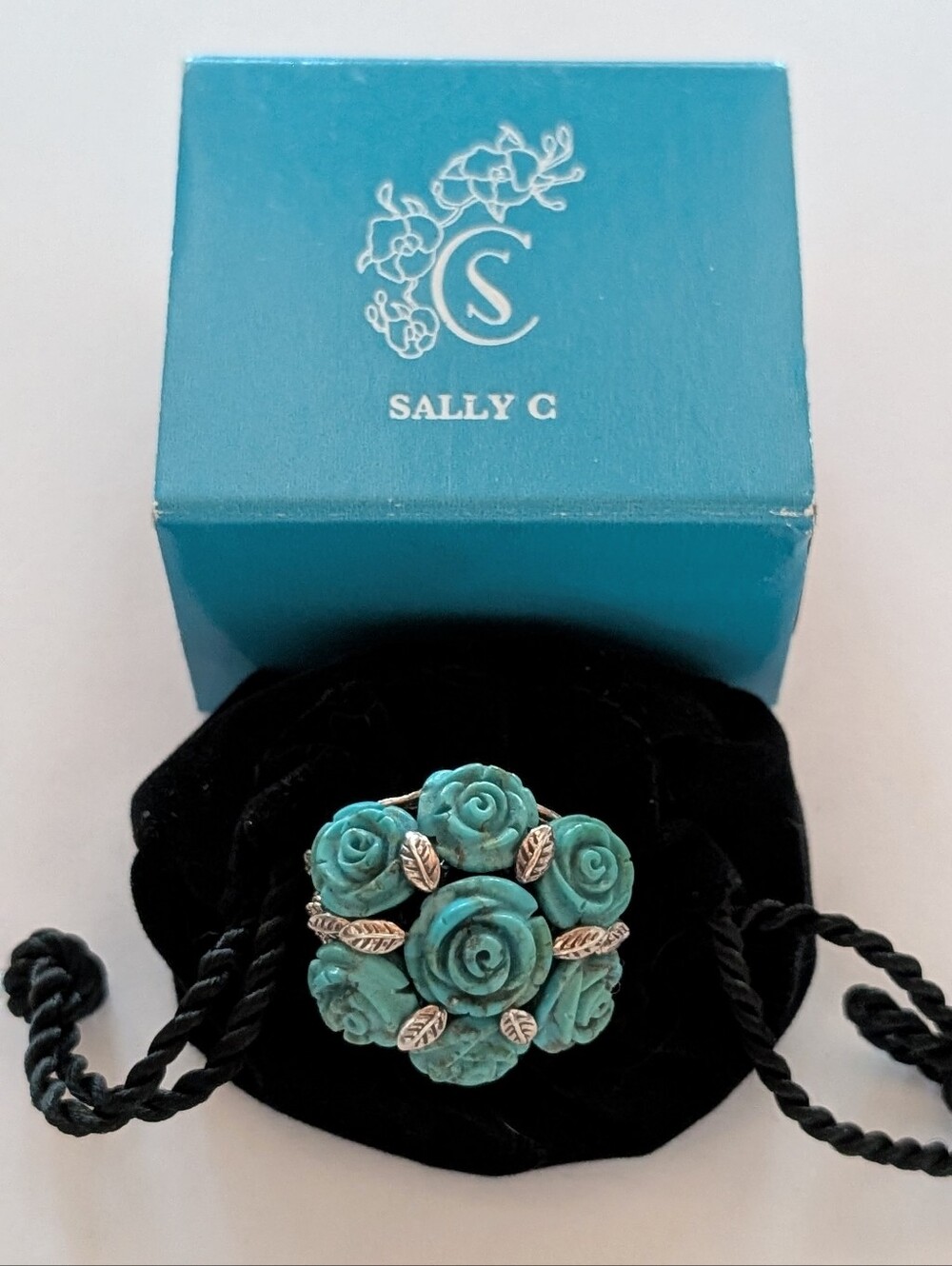 NIB Sally C Treasures Solid Sterling Silver Turquoise Rose Bouquet Ring Sz 7.75